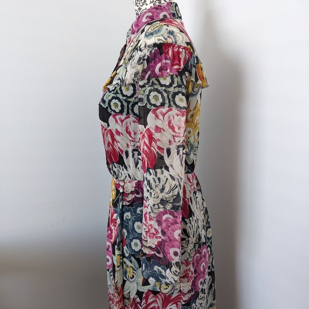 Burberry Floral Silk Georgette Frill Detail Long Sleeve Dress - Picture 2 of 6